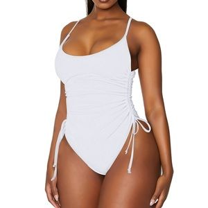 PINK QUEEN Ruched High Cut white One Piece Swimsuit Tummy Control Monokini NWOT